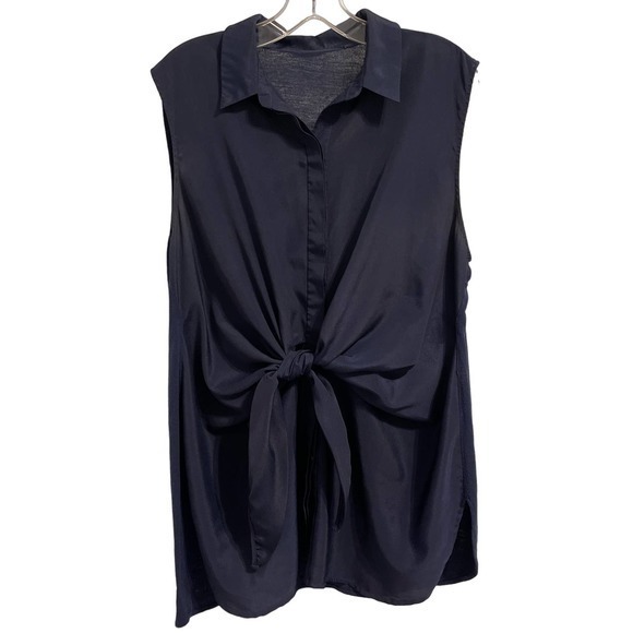 Navy Tie Front Button Up‎ Sleeveless Top Measures Size Large Pre-Owned - Picture 1 of 7